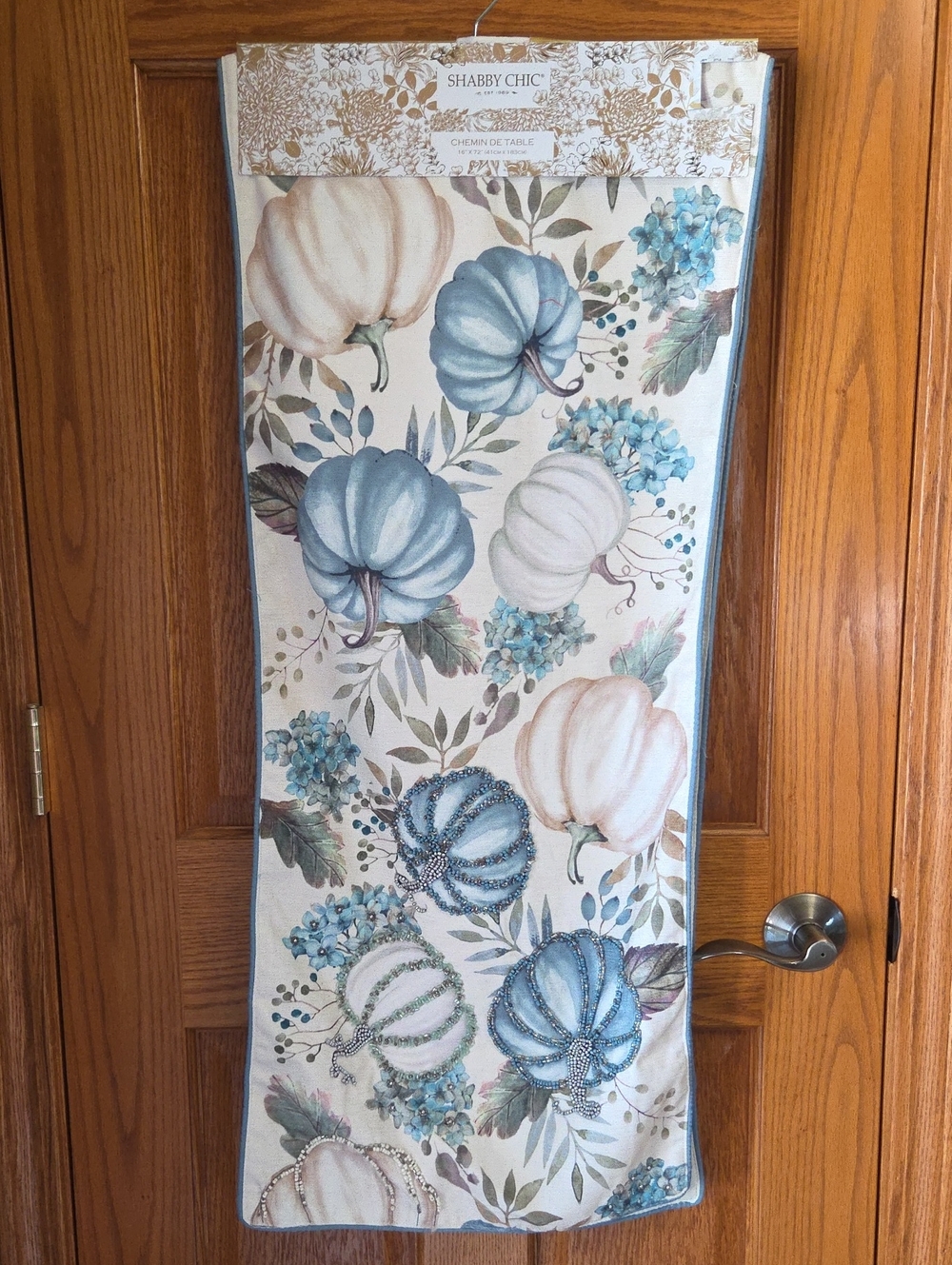 Shabby Chic Blue & Cream Pumpkin Table Runner with Hydrangea Motif